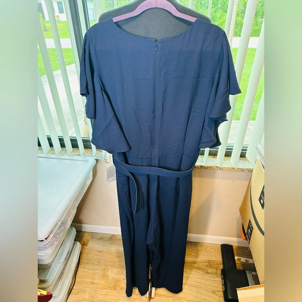 Eliza J Navy Blue V-Neck Cap Sleeves Belted Wide Leg Jumpsuit Plus  Sz 20W NEW